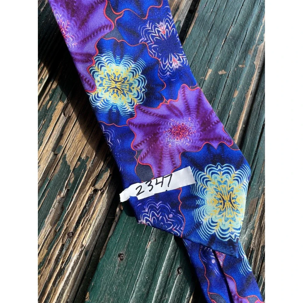 Psychedelic Floral Silk Necktie Purple Blue Yellow Fractal Handmade Tie